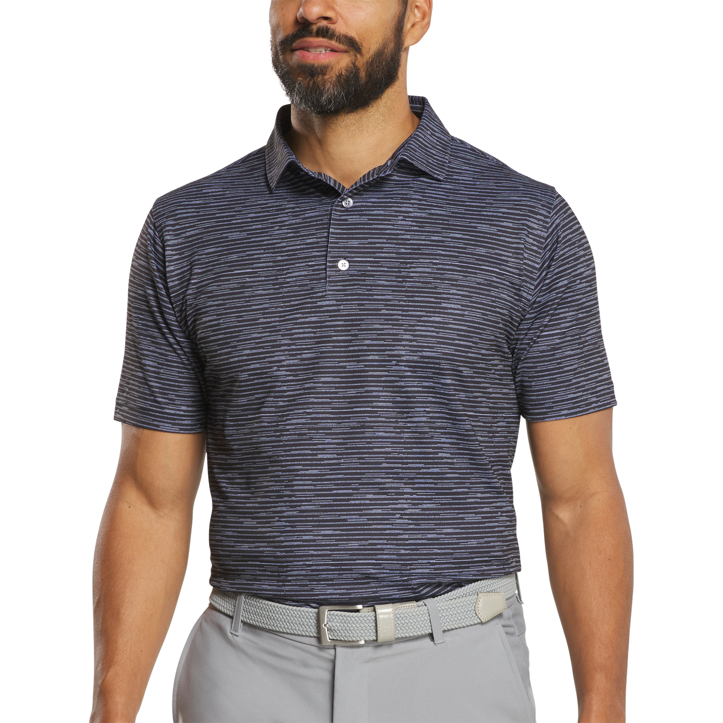 FOOTJOY BROKEN STRIPE PRINT MEN'S POLO - BLACK/PERIWINKLE
