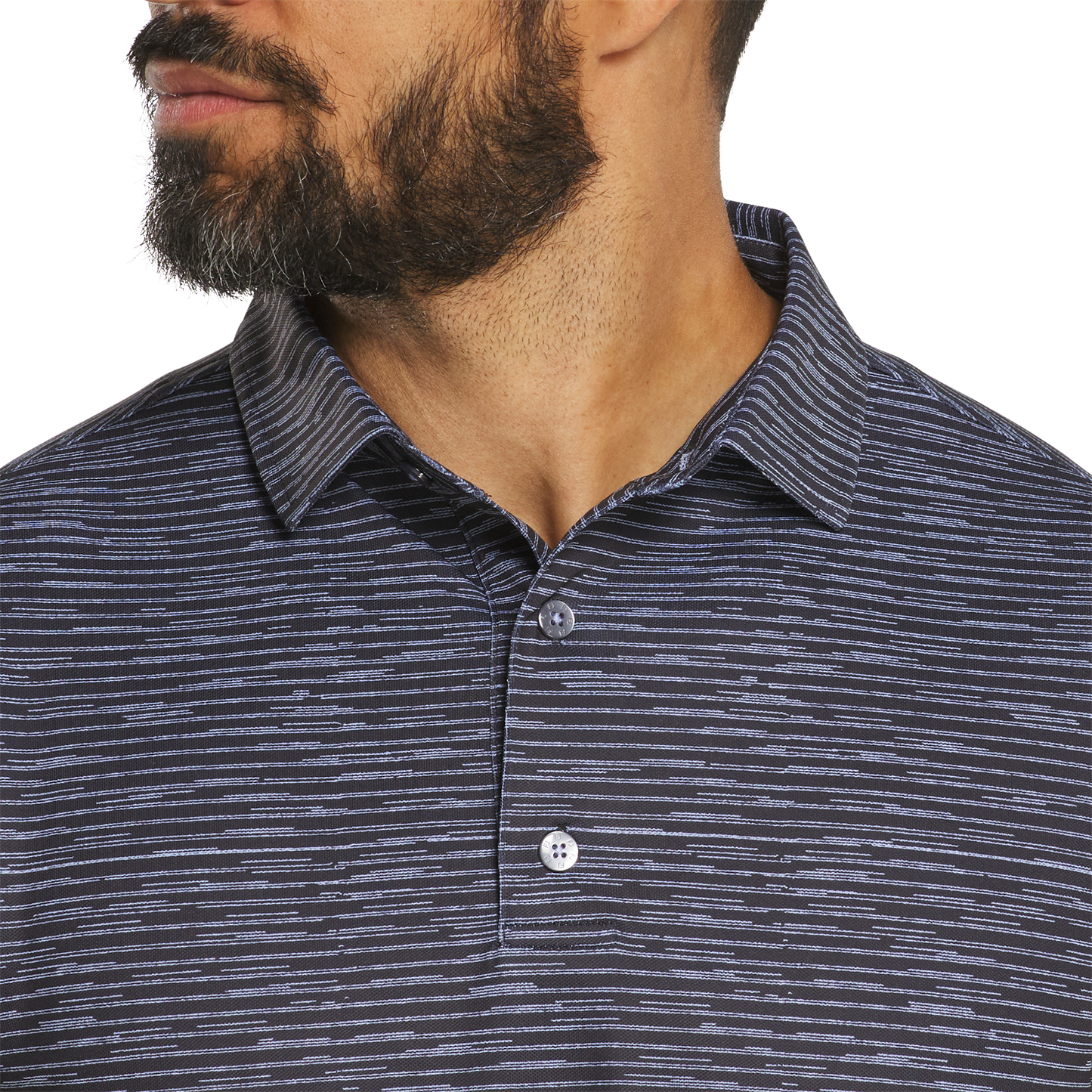 FOOTJOY BROKEN STRIPE PRINT MEN'S POLO - BLACK/PERIWINKLE